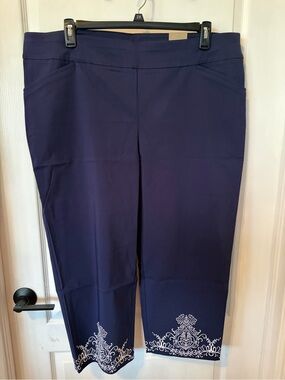 Chicos Plus Size Navy Cropped Stretch Pants with White Embroidered Hem